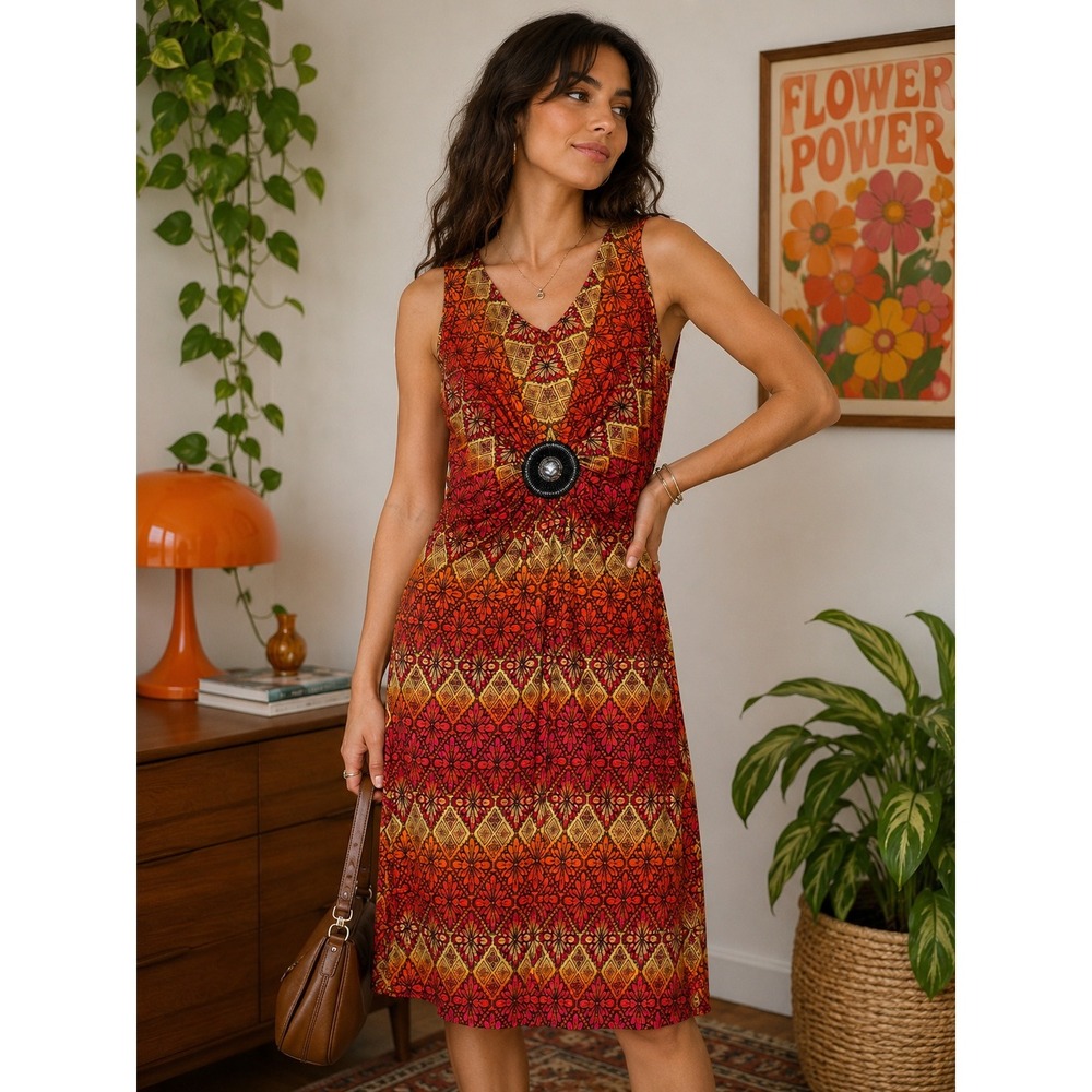 Lennie for Nina Leonard Orange Red Geometric Medallion Beaded Sheath Dress Small